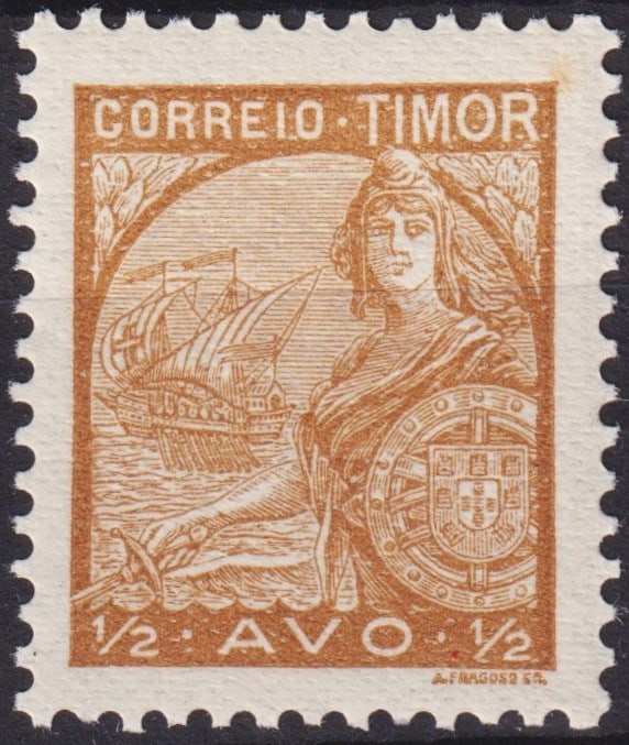 Portuguese Timor 1933 ½ Avo “Portugal and Sao Gabriel Scott TL 202: Issued in 1933 for the Portuguese colony of Timor, this finely engraved typographic issue belongs to the celebrated "Portugal and São Gabriel" series, depicting the allegorical female figure represen