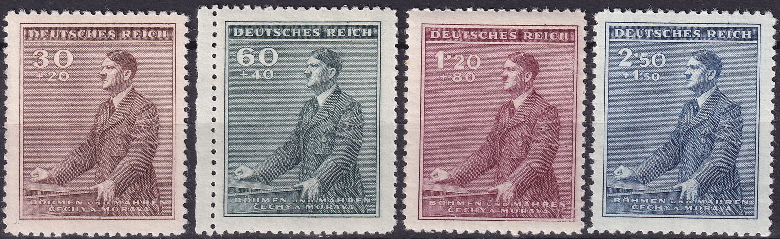 1942 Bohemia and Moravia Semi-Postal Hitler Birthday Set Michel DE-BM 85-88: Issued in 1942 under German occupation, this complete semi-postal commemorative set from Bohemia and Moravia marks the 53rd birthday of Adolf Hitler and represents one of the most historically charged