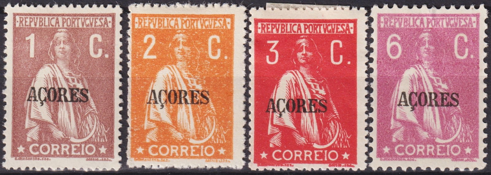 Azores 1918–1921 Ceres Issue "AÇORES" Overprint MNH (Scott 197, 180, 182, 187): This attractive group comprises four different values from the Portuguese colonial Ceres issue prepared for the Azores between 1918 and 1921, each bearing the characteristic black overprint "AÇORES."
