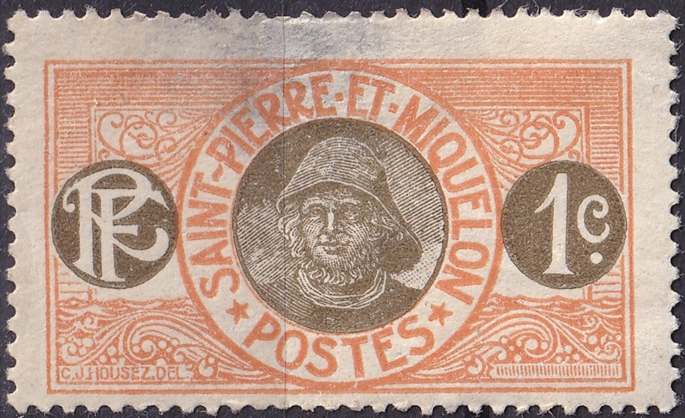 Saint Pierre and Miquelon 1909 Fisherman 1c Yvert 78 SG 79: This 1909 Saint Pierre and Miquelon 1 centime definitive stamp represents one of the most recognisable issues of the early twentieth century from the small French archipelago in the North Atlantic. Pr