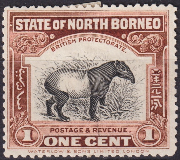 British North Borneo 1909 Pictorial Definitive 1c Asian Tapir SG 158a: This rare pictorial definitive issue from North Borneo, released on July 1, 1909, under British Protectorate administration, features the Asian Tapir (Tapirus indicus), an animal native to Southeast A