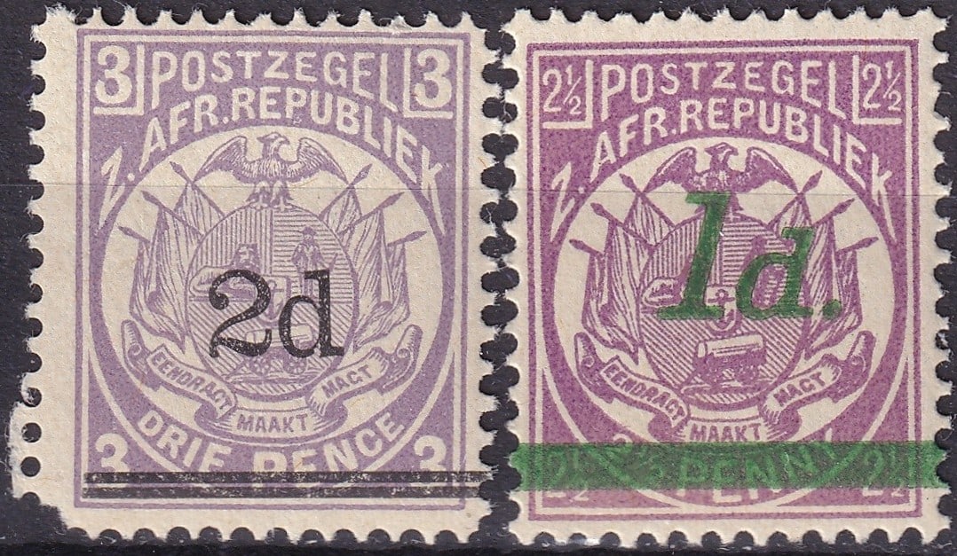 1887–1895 Transvaal Coat of Arms Overprint Issues 1d and 2d SG193 and 214: A fine pair of classic Transvaal Republic Coat of Arms stamps, both bearing distinct surcharges issued between 1887 and 1895 under the Zuid-Afrikaansche Republiek (Z.A.R.) postal authority. These issu