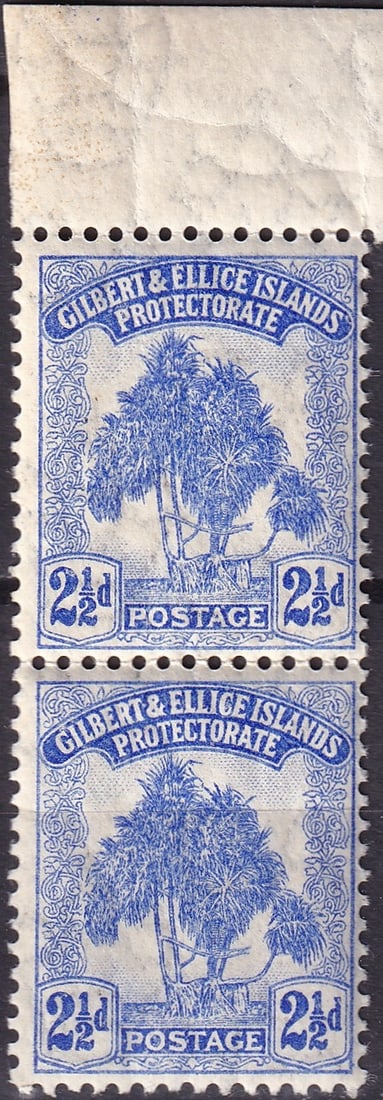 British colony 1911 Gilbert & Ellice Islands 2½d Blue MNH Upper Margin Pair, SG 11: This exceptional mint never hinged vertical pair with top margin originates from the definitive issue released on 11 February 1911 for the Gilbert & Ellice Islands Protectorate under British colonial