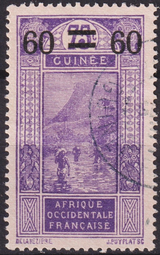 French Guinea 1922 Definitive Surcharge, 60c Violet River Scene (Mi FR-GU 106, Yt 81, SG 110): This stamp originates from French Guinea and belongs to the surcharged definitive issue released on April 28, 1922, part of the colonial series used across French West Africa. The design, created by J