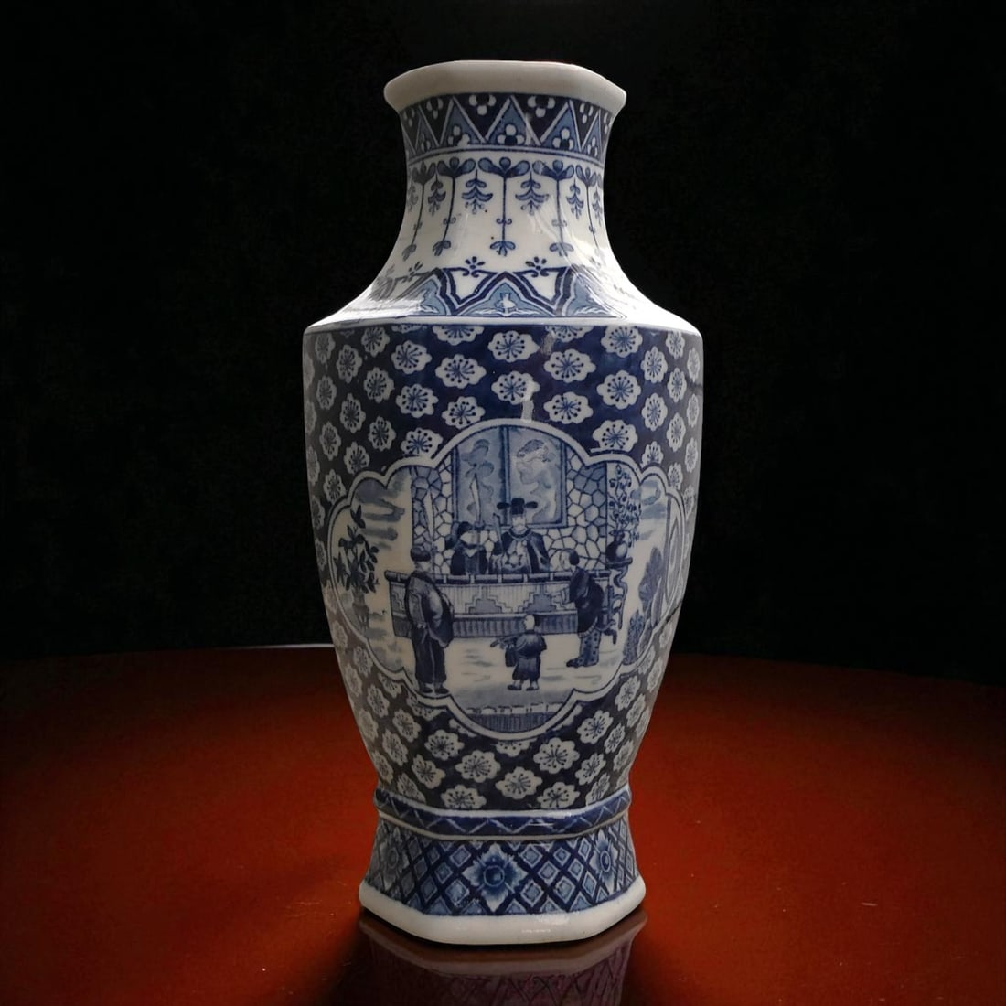 19th-Century European Blue and White Hexagonal Porcelain Vase, c. 1850: This fine blue and white porcelain vase, dating to the mid-19th century (circa 1850), is a striking example of European chinoiserie design influenced by the enduring popularity of Chinese export wares