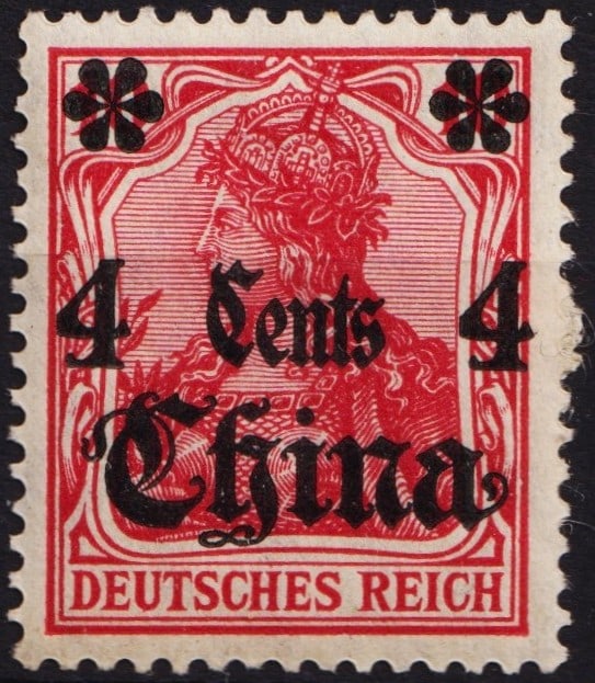 1905 German PO in China, 4c on 10pf carmine, Sc DR-CHI 39: This 4 cents on 10 pfennig stamp was issued in 1905 by the German Imperial Post Office for use in China, during the period of foreign post offices operating under extraterritorial rights. The original