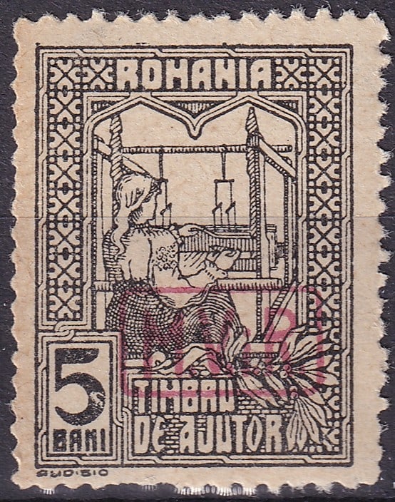 German occupation Romania 1918 MVIR War Tax Overprint Weaving Woman 5 Bani Scott 3NRA3: This compelling 1918 postal tax issue from German occupied Romania features the distinctive MVIR boxed overprint applied in red to the earlier 5 bani typographed design depicting a Romanian woman at a