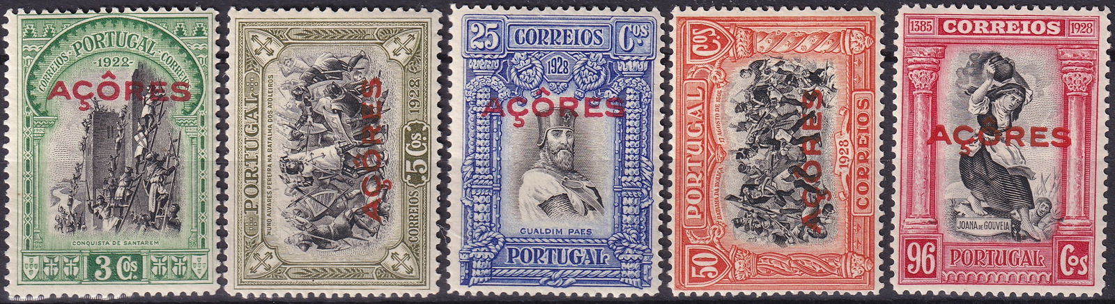 1928 Azores Independence Overprint Scott PT-AZ 285 to 296: This commemorative group from the Azores was issued on 27 November 1928 as part of the third emission celebrating the Independence of Portugal and bears the distinctive overprint ACORES applied specif