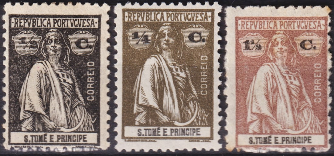 1920 Portuguese Sao Tome and Principe Issue Trio, Scott #210–211: This attractive group of three definitive stamps from São Tomé & Príncipe belongs to the celebrated “Ceres” issue, which was introduced in 1914 and remained in use throughout the 1920s. Dep