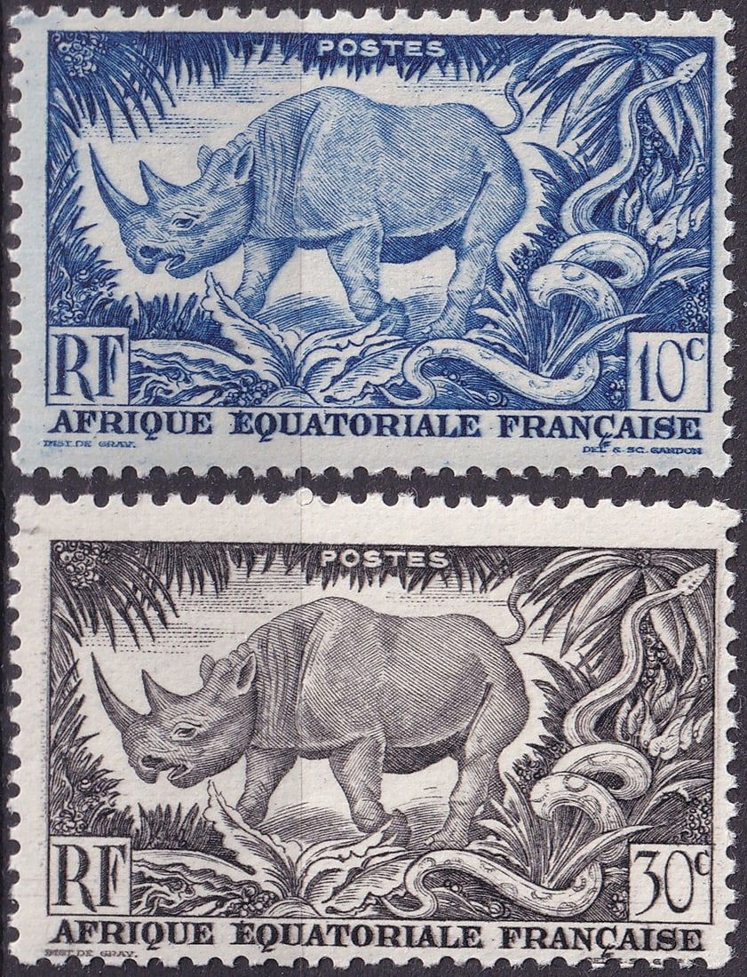 1947 French Equatorial Africa Fauna Scott FR-EQ 166 167: This matched pair of definitive stamps from French Equatorial Africa was issued on 10 February 1947 as part of the postwar Definitive Series and presents a striking wildlife motif centered on the Blac