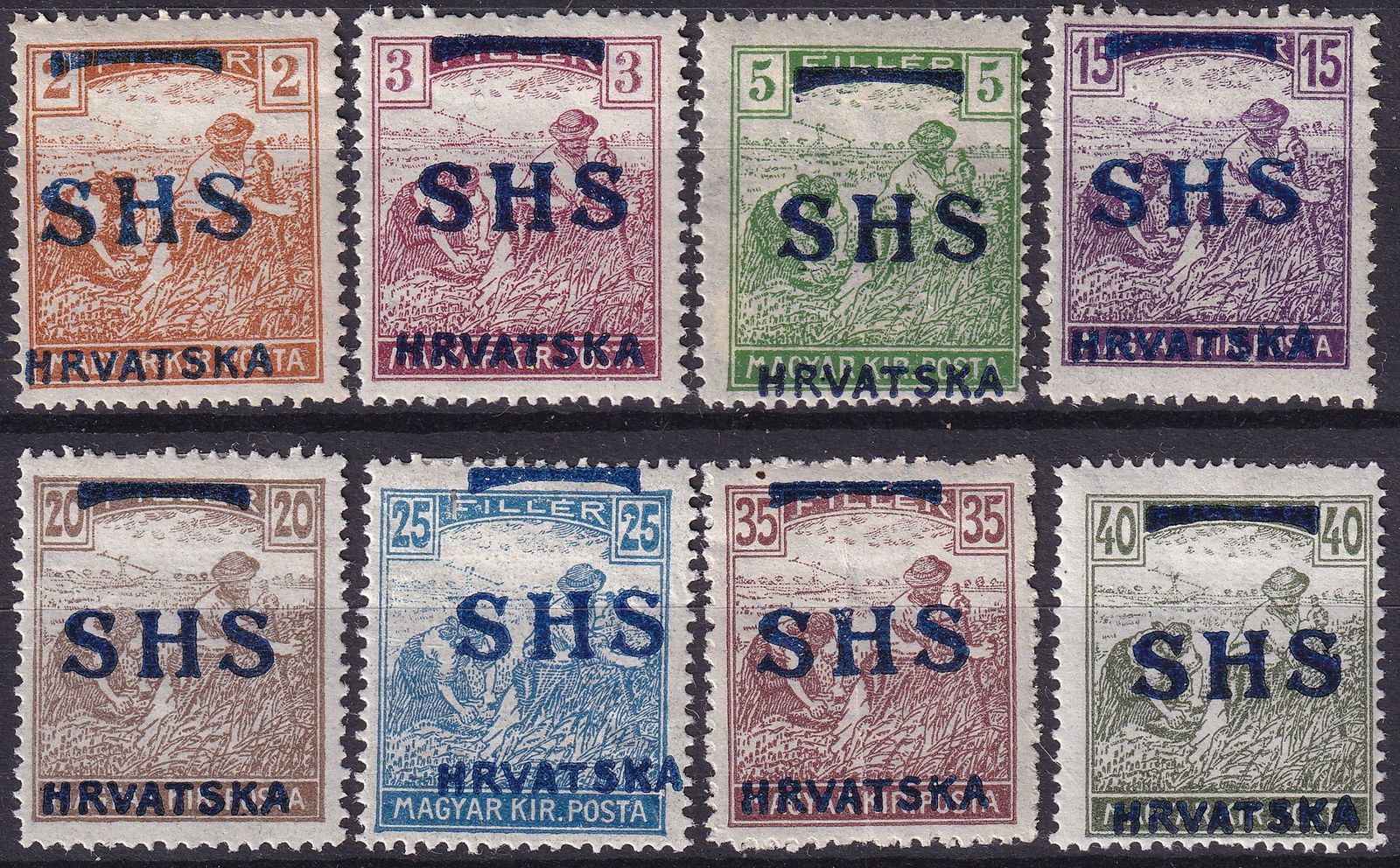 1918 SHS Croatia Overprinted Hungarian Harvesters Set Mi YU 66–75 MNH: A rare and highly sought-after set of overprinted issues for Croatia, released on November 18, 1918, during the transitional period following the collapse of the Austro-Hungarian Empire and the creati