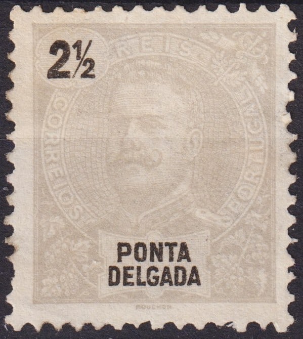 Portuguese 1897 Ponta Delgada King Carlos I, 2 1/2 Reis Gray, Scott PT-PD 13: An attractive pair of early colonial postage due stamps from Sao Tome and Principe, issued in 1921. This issue belongs to the first series of "Porteado" overprints, produced at Casa da Moeda de Portug