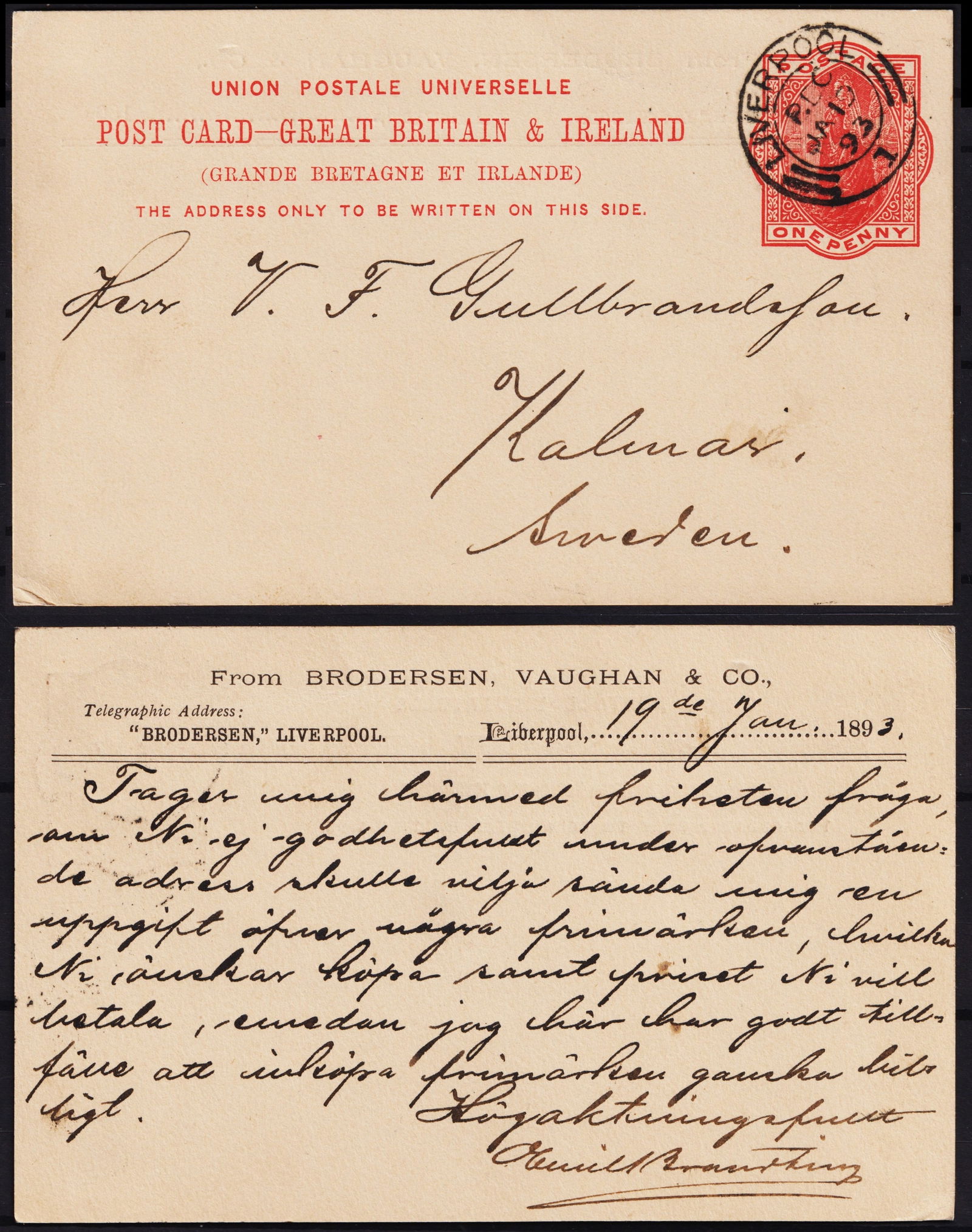 Great Britain 1893 Prepaid 1 Penny Postal Card to Sweden Liverpool Cancel (1 of 1)