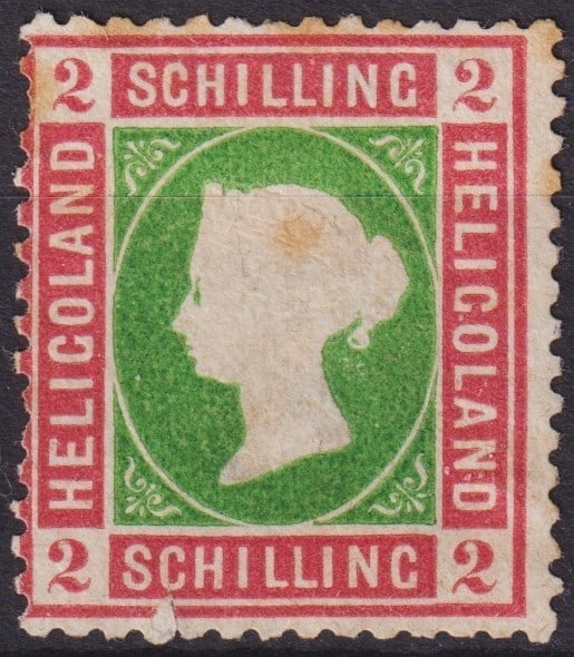 1867 Helgoland Queen Victoria Square 2 Schilling Michel DE-HE 3: This classic adhesive is the 1867 Helgoland 2 Schilling issue from the celebrated Queen Victoria in square frame series, produced during the period when Helgoland was a British Crown possession prior