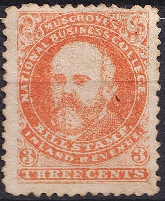 Musgrove’s National Business College Bill Stamp 3 Cents, Canada, c. 19th C., Cinderella: An unusual and historically significant cinderella issue from Canada, Musgrove’s National Business College “Bill Stamp” of 3 cents, printed in orange with an oval portrait at center, framed
