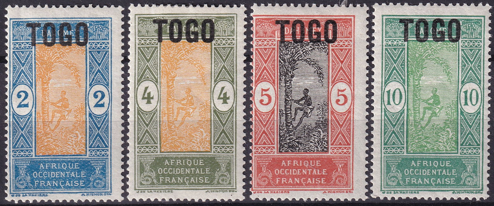 Togo 1921 Palm Harvest Overprint Set Scott TG194 TG195 TG196 TG197: This complete 1921 overprinted set from Togo presents four engraved typographic values depicting the iconic Harvest of the Oil Palm Fruits design created by Abel Mignon and Joseph de La Neziere a moti