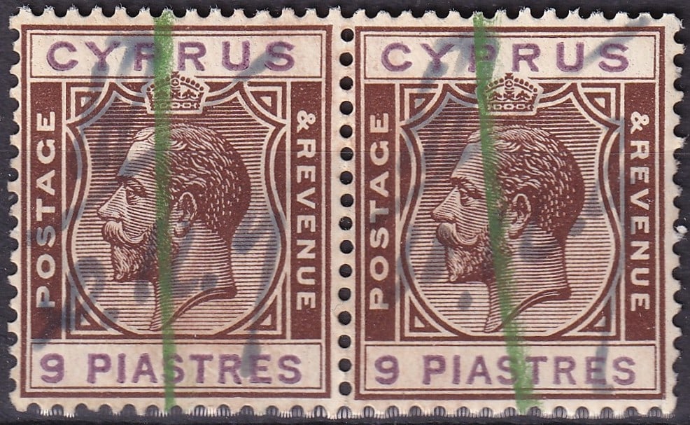 Cyprus 1924 King George V 9 Piastres Block Pair Michel CY 96: This lot comprises a genuine block pair of the Cyprus King George V definitive issue with a face value of 9 Piastres, issued in 1924 and remaining valid until 30 November 1934. The stamps were printed