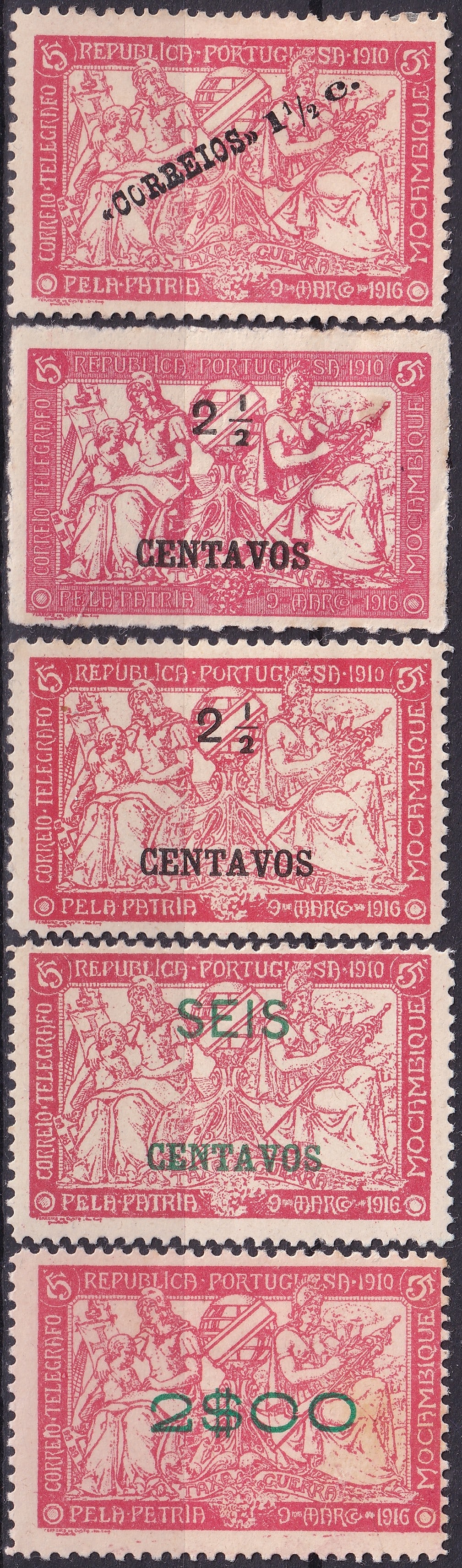 1918 Mozambique War Tax overprints set with varieties MH: This group of War Tax issues from colonial Mozambique illustrates the complex fiscal policy of the First World War period when normal definitive designs were converted to emergency revenue by typograp