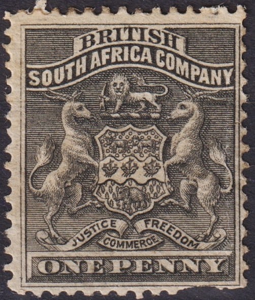 1892 British South Africa Company 1d Black, Scott #2: Issued in 1892 under the chartered rule of the British South Africa Company, this finely engraved 1 penny black stamp presents the iconic coat of arms featuring the lion, ox, and heraldic supporters b