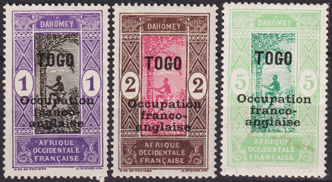 1916 Togo Franco-British Occupation Overprints on Dahomey Issues, Set of 3, Scott #176–179: This rare trio of provisional issues was released in 1916 during the Franco-British occupation of Togo in the First World War, reflecting both the geopolitical changes of the era and the urgent need f