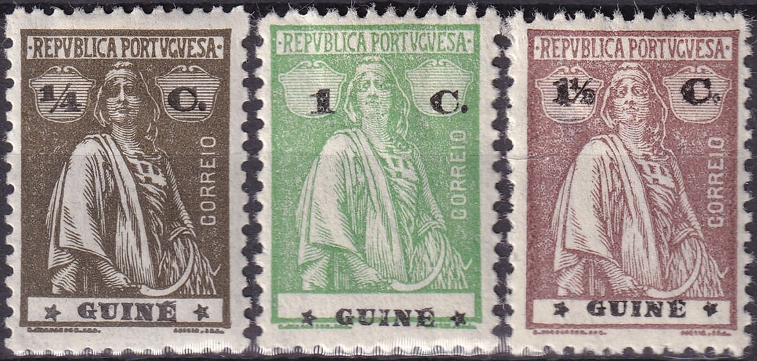 Portuguese Guinea 1914–1922 Ceres set Scott 143 156 181: This attractive trio from Portuguese Guinea presents three values from the widely collected Ceres design, issued under the Portuguese colonial administrations between 1914 and 1922. The set includes t