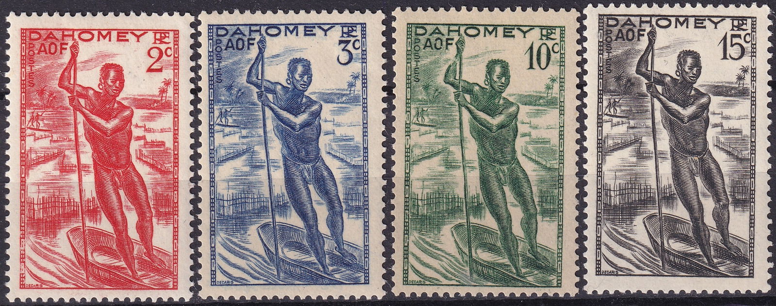 1941 Dahomey AOF Canoe Paddler Engraved Series Scott DY113 DY114 DY116 DY117: This complete 1941 Dahomey AOF engraved issue comprising the 2 centime red, 3 centime blue, 10 centime green, and 15 centime black values identified respectively as Scott DY113 DY114 DY116 and DY117 r
