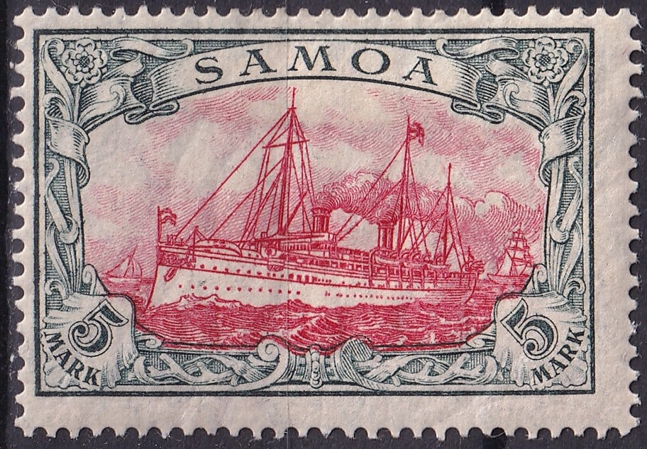 1901 Samoa German Administration Scott WS G19 5 Mark Yacht Hohenzollern: This is an original postage stamp issued in 1901 for Samoa under German administration, part of the Yacht Hohenzollern definitive series without watermark. The stamp is denominated 5 German Mark and d