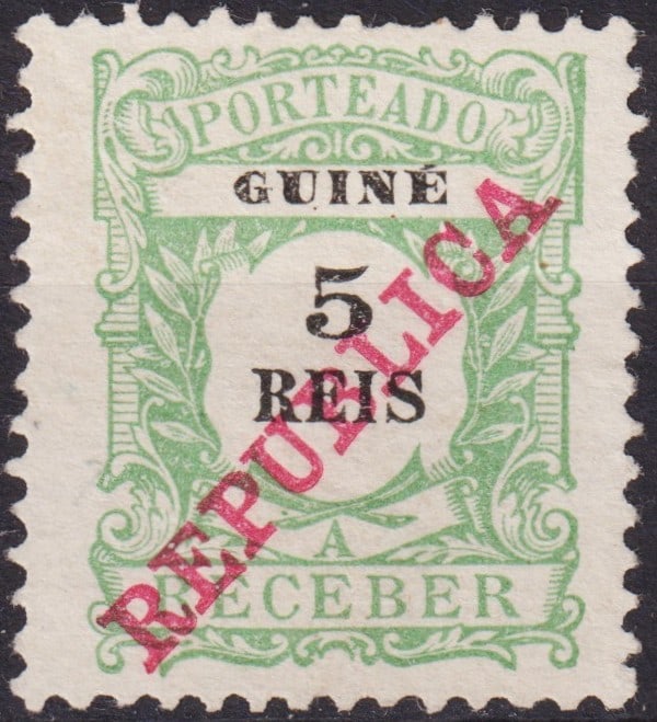 Portuguese Guinea 1911 Postage Due Scott J11, 5 Reis REPUBLICA OP: Issued in 1911 during the early Republican period, this postage due stamp from Portuguese Guinea represents the transition from monarchy to republic through the bold diagonal REPUBLICA overprint in ca