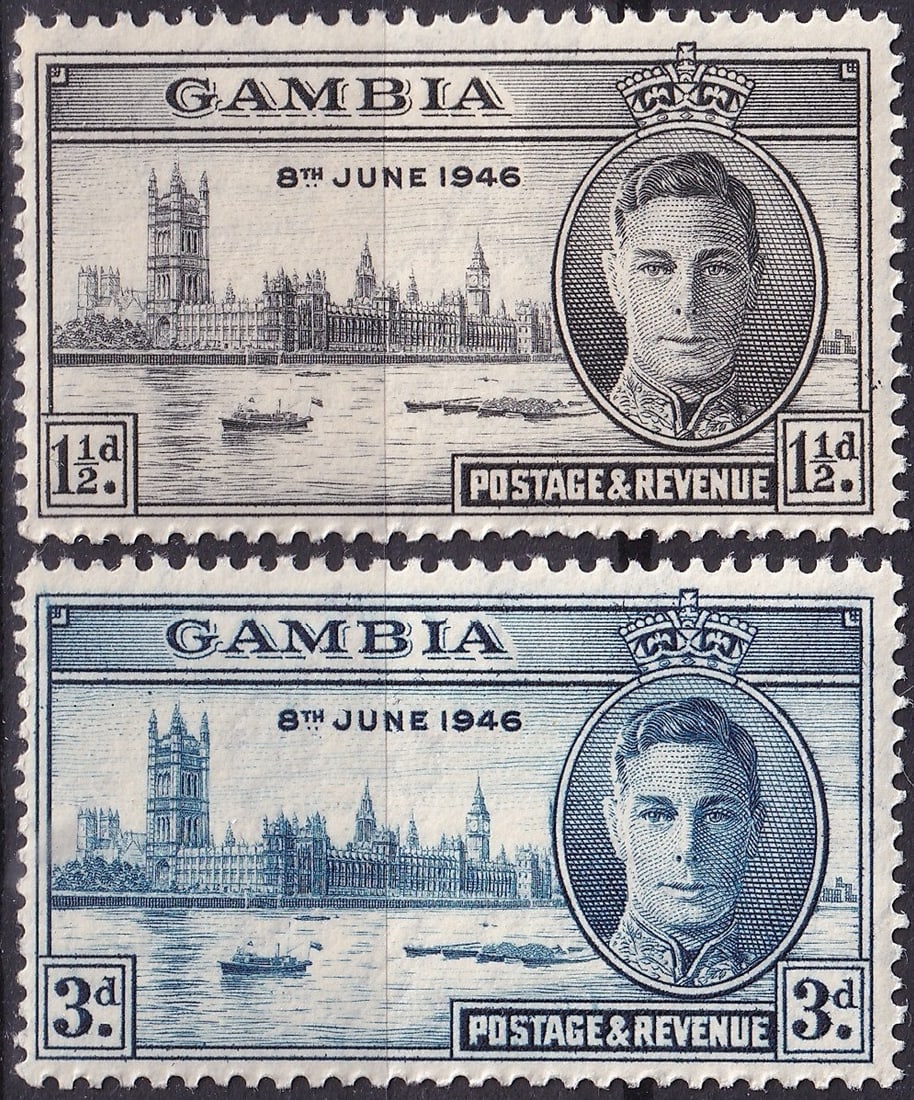 Gambia 1946 Peace and Victory Issue 1½d and 3d Michel GM 139 and Michel GM 140: This lot comprises two commemorative stamps from Gambia issued on 6 August 1946 as part of the Peace and Victory series celebrating the end of the Second World War and the restoration of parliamentary