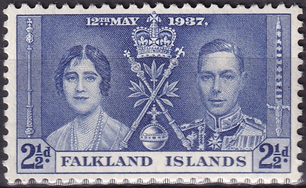 1937 Falkland Islands Coronation Issue Scott FK 83: Issued on May 12, 1937, this 2½d blue commemorative stamp from the Falkland Islands marks the coronation of King George VI and Queen Elizabeth. Designed by De La Rue & Co. Ltd. and recess-print