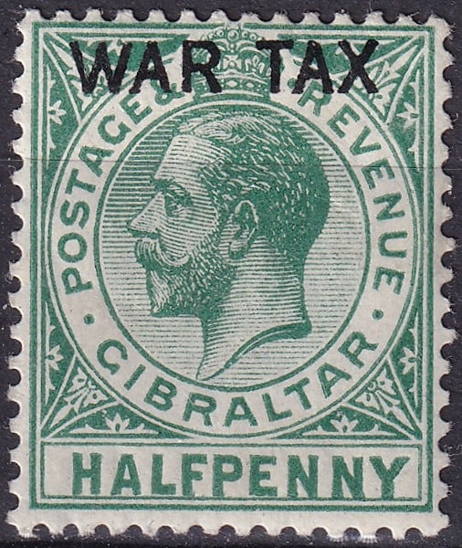 1918 Gibraltar War Tax King George V Scott GI MR1: This Gibraltar War Tax halfpenny stamp was issued on 15 April 1918 during the final year of the First World War and forms part of the definitive King George V series adapted for wartime fiscal purpose