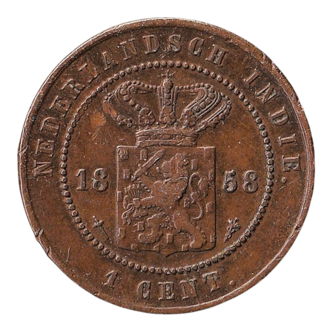 1858 Netherlands East Indies 1 Cent Copper Coin KM 307.1 (1 of 2)