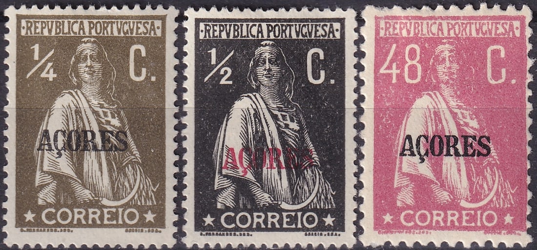 Portuguese Azores 1912 Ceres overprints Scott 155 196 224: This small yet desirable group from the Azores presents three early Ceres issues overprinted ACORES for colonial use, issued shortly after the proclamation of the Portuguese Republic in 1910. The lot