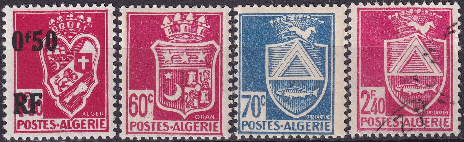 1945 1946 Algeria Coat of Arms Definitives Scott DZ 150 151 156 190: Issued between 1945 and 1946 in Algeria, this definitive group from the Coat of Arms series represents the immediate postwar period of French colonial administration in North Africa and reflects the r