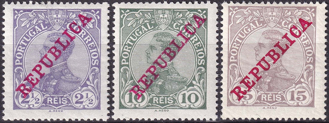 Portugal 1910 Republica overprints Scott 170 172 173 VF MH: This attractive trio from Portugal marks the dramatic political change that followed the fall of the monarchy in 1910 when existing King Manuel II stamps were overprinted REPUBLICA to signal the new r