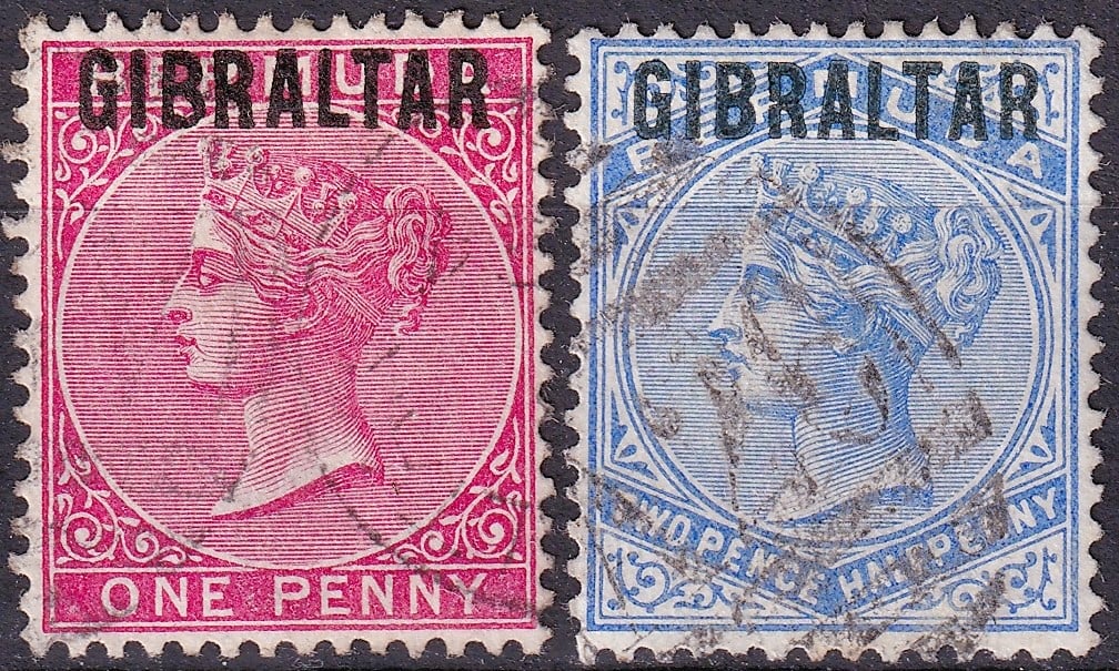 1886 Gibraltar Overprints Queen Victoria Scott GI 2 and GI 4: This paired lot consists of two classic Gibraltar definitive stamps issued in 1886 and created by overprinting contemporary Bermuda stamps in black for use in the newly established Gibraltar postal sy