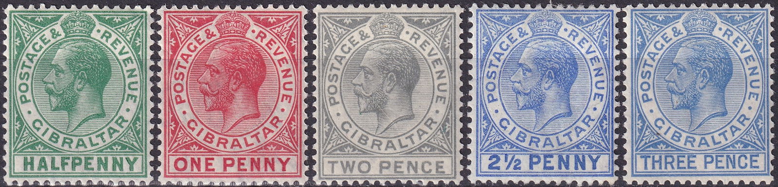 1912 Gibraltar King George V Definitives Scott GI 66 67 68 69 94: This complete group of Gibraltar King George V definitive stamps was issued from 1912 onward and represents the core low value issues of the long running definitive series used throughout the First Wo