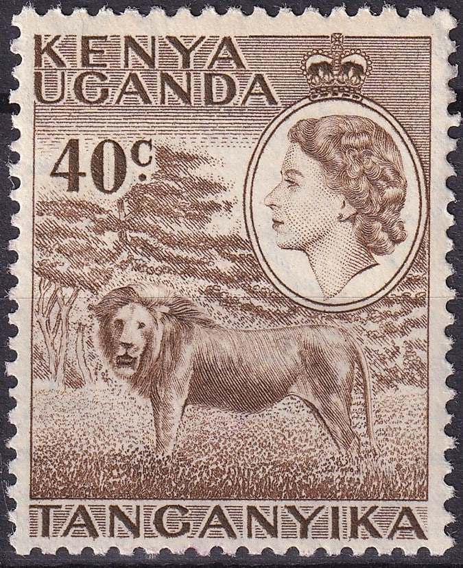 1958 East Africa Queen Elizabeth II Lion Scott 150 40c Definitive: Issued on 28 March 1958 for the East Africa postal administration of Kenya Uganda and Tanganyika, this definitive stamp from the Queen Elizabeth II and Views series represents a classic example of lat