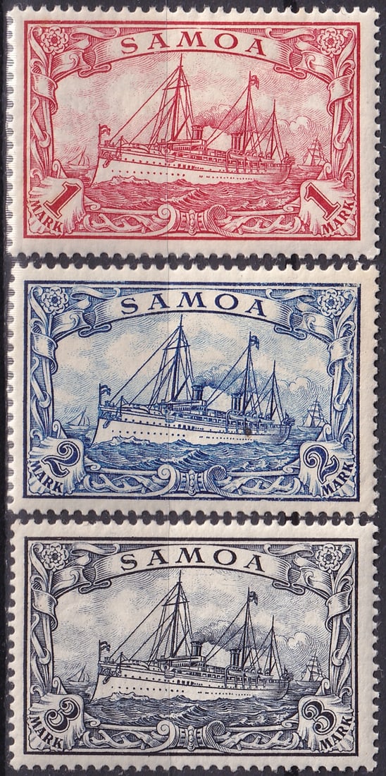 1901 Samoa German Administration Yacht Issue Scott 66 67 68 MH MNH: This attractive trio from Samoa under German administration represents the iconic Yacht Hohenzollern definitive issue of 1901 depicting the imperial yacht of Kaiser Wilhelm II, a central symbol of Ger
