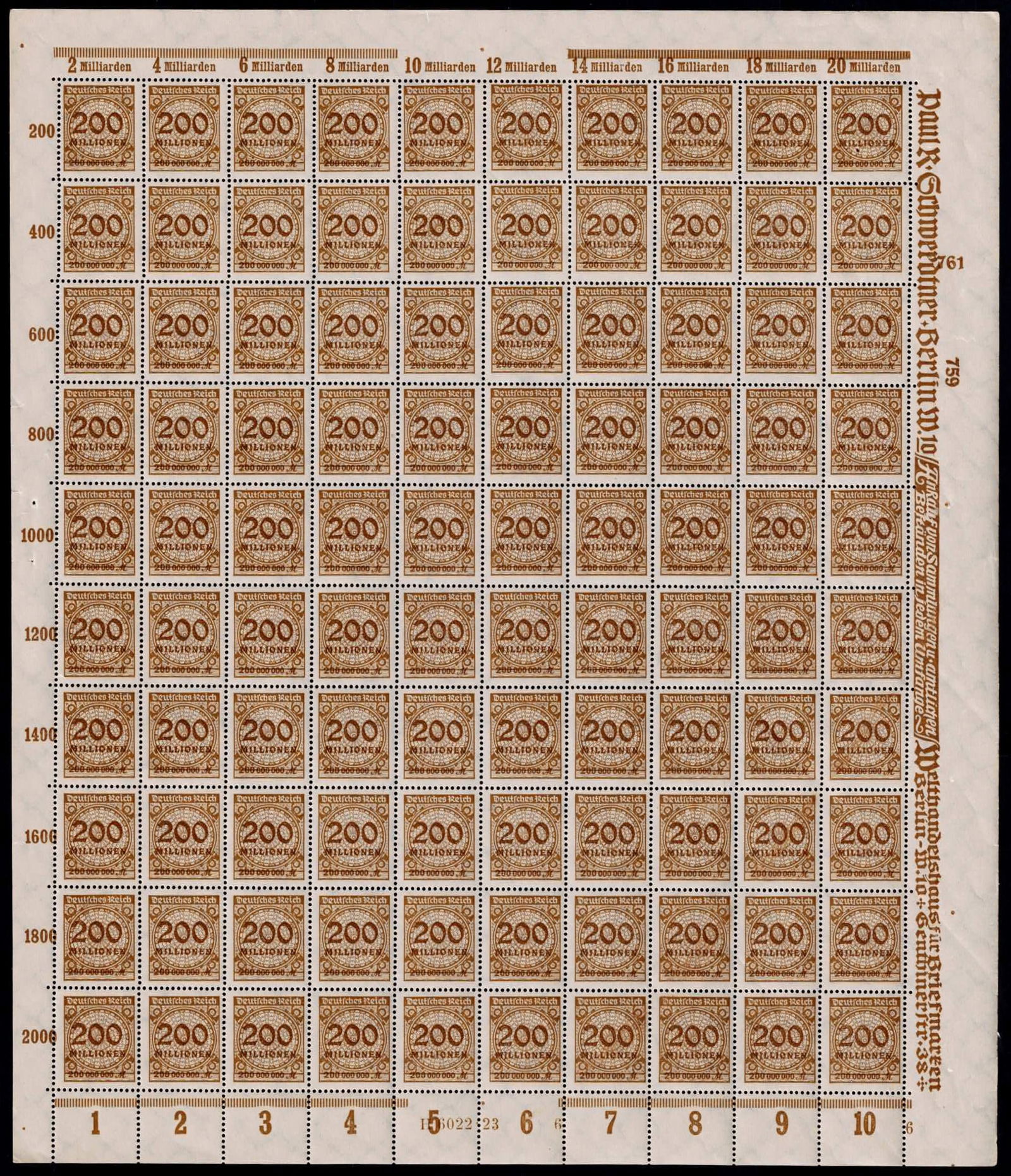 Post War Germany 1923 Inflation Numeral Full Sheet MNH Michel DR 323BPHT: Issued on 5 November 1923 during the final and most extreme phase of German hyperinflation, this full mint sheet of the 200000000 Reichsmark Numeral definitive belongs to the Inflation Series produced