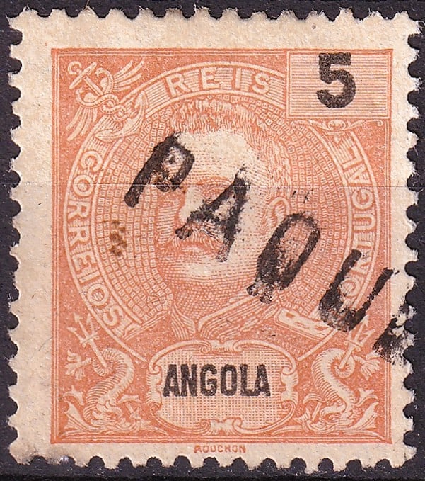 1898 Angola King Carlos I 5 Reis Orange Scott AO 39: Angola King Carlos I definitive issue of 1898, denomination 5 Reis in orange, printed by typography at Casa da Moeda de Portugal from a design by Louis-Eugène Mouchon. This stamp forms part of the cl