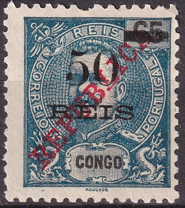 Portuguese Congo 1915 King Carlos I Scott PT-CG 138 Overprint: This 50 Reis stamp was issued in 1915 for Portuguese Congo during the transitional period following the establishment of the Portuguese Republic and is catalogued as Scott PT-CG 138, with additional r