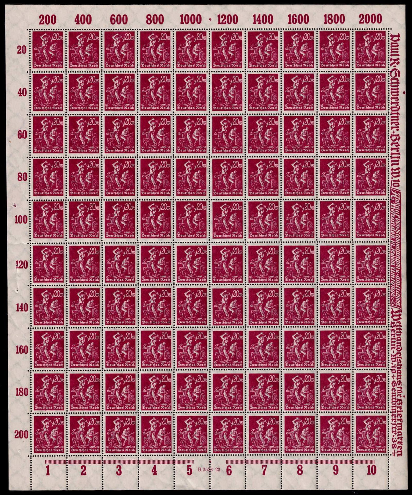 Post War German Reich 1923 Inflation Worker 20 Mark Michel DR 241Y MNH Sheet (1 of 2)