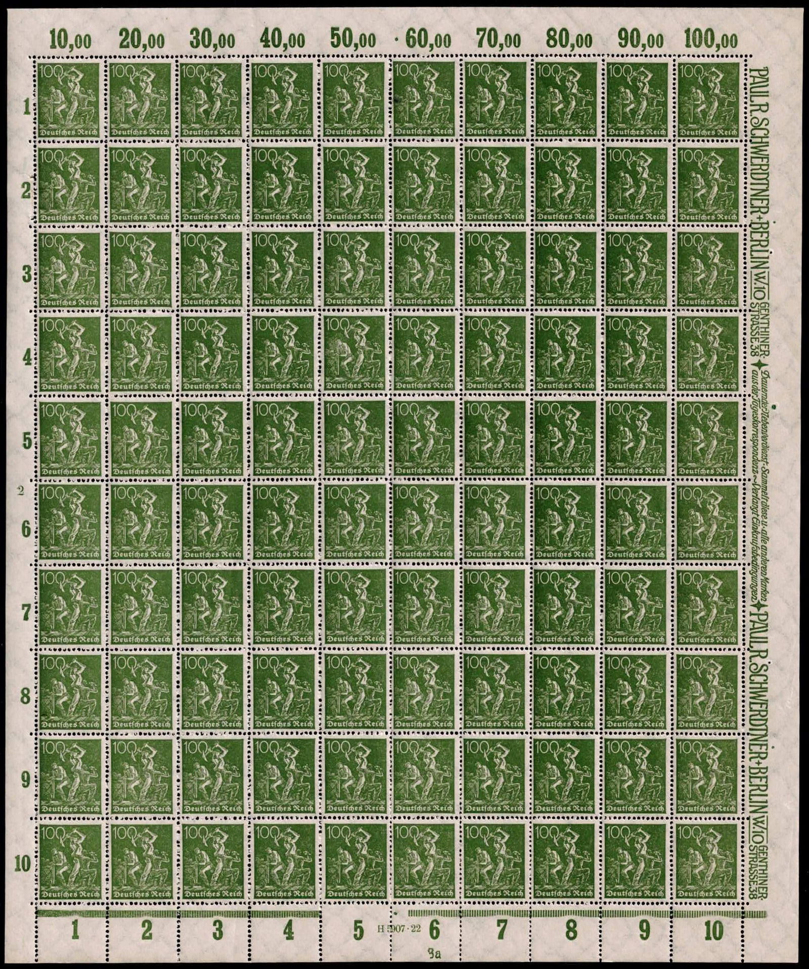 Post War German Reich 1922 Inflation Miner 100 Pfennig Scott DE 155 Michel DR 187c Sheet: This complete mint never hinged sheet of the 100 Pfennig denomination was issued in January 1922 by the German Reich and is catalogued as Scott DE 155, with the specific shade and paper variety listed