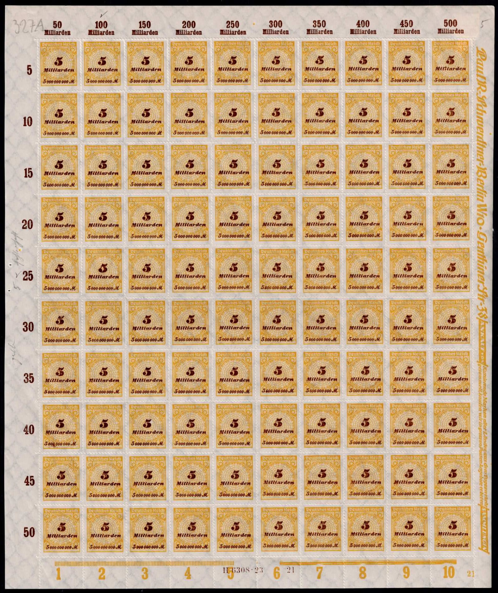 Post War German Reich 1923 Inflation 5 Billion Mark Scott DE 307 Michel DR 327AW Sheet: This impressive complete mint never hinged sheet of the 5 Billion Mark denomination was issued on 11 November 1923 during the absolute peak of the German hyperinflation crisis. Catalogued as Michel DR