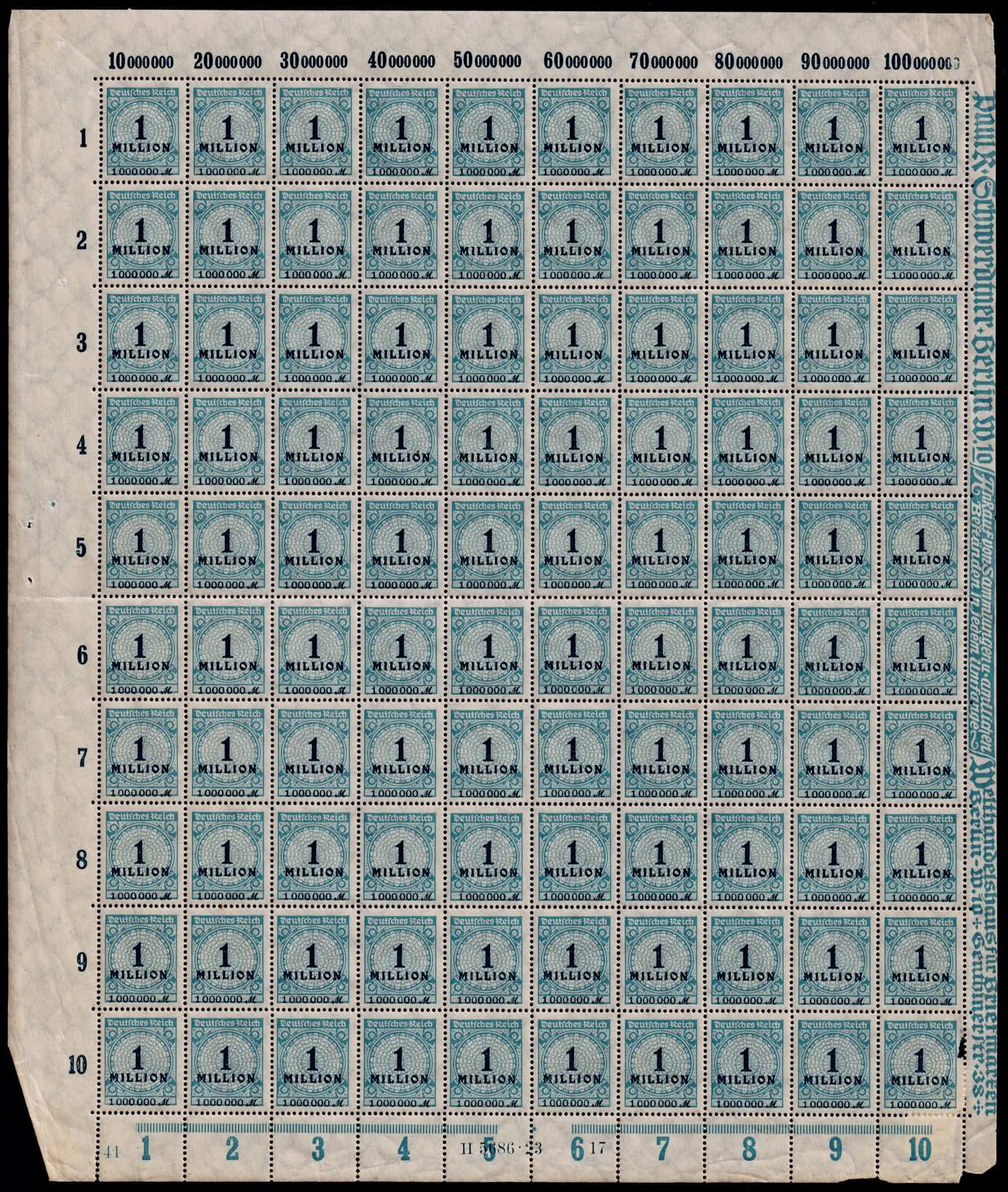 Post War German Reich 1923 Inflation 1 Million Mark Scott DE 281 Michel DR 314AP Sheet: This complete mint never hinged sheet of the 1,000,000 Mark denomination was issued on 8 October 1923 by the German Reich during the critical escalation phase of the Weimar hyperinflation. Catalogued