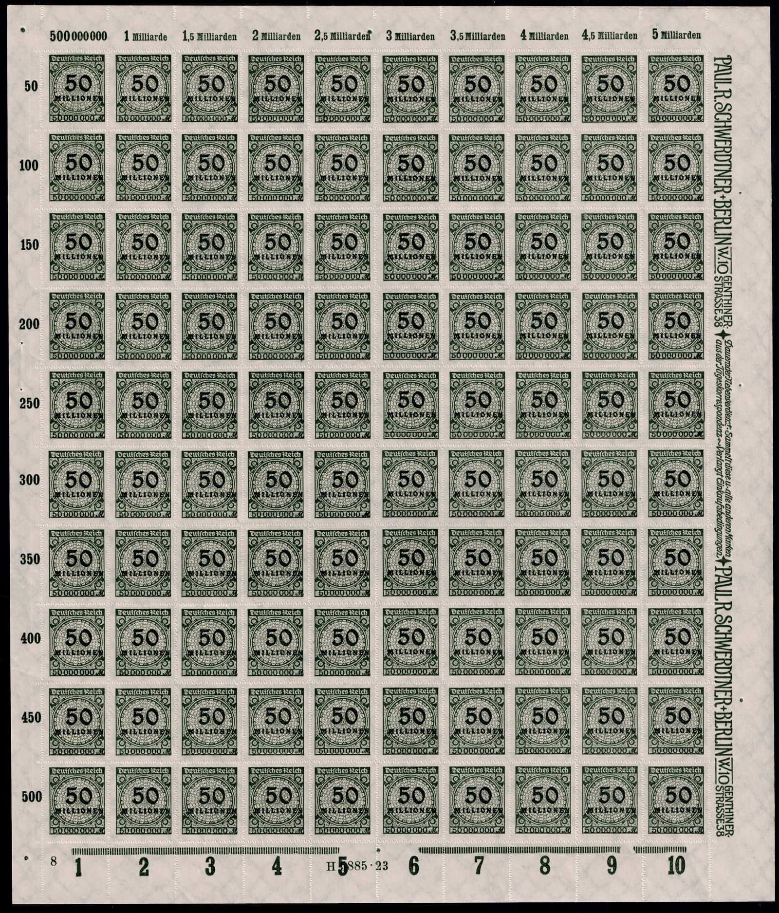 Post War 1923 German Reich Inflation Scott DE 303 Michel DR 321BP Full Sheet: This complete mint never hinged full sheet represents the dramatic late phase of the German hyperinflation period and was issued on 1 November 1923 by the German Reich. Catalogued as Michel DR 321BP S