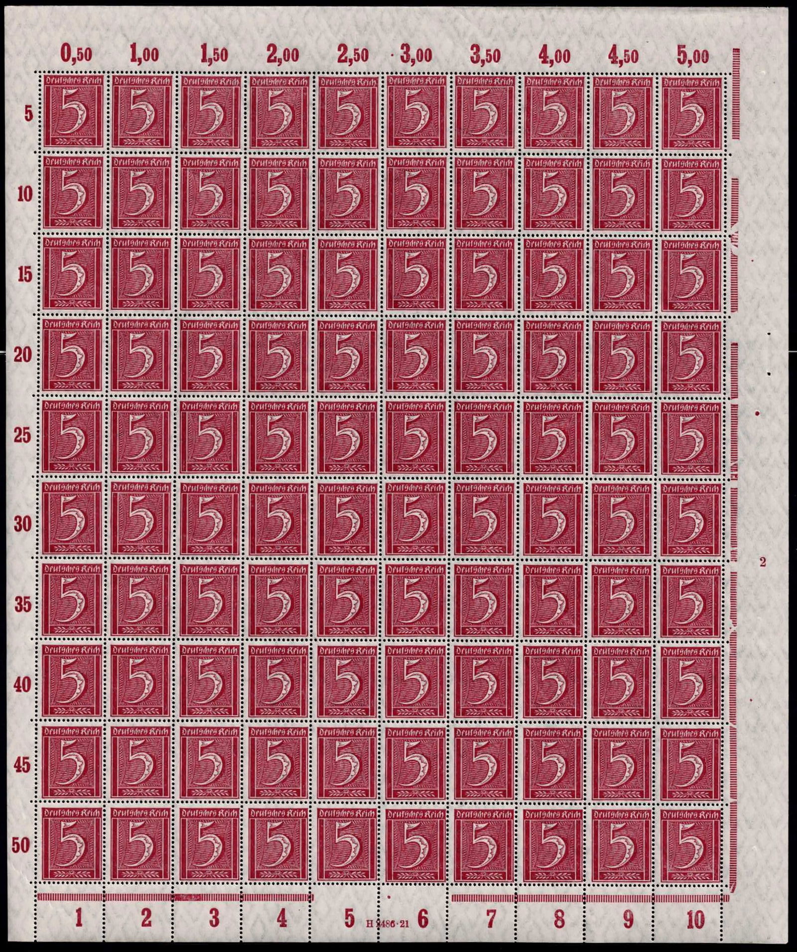 Post War 1922 German Reich 5 Pfennig Definitives Scott DE 161 Michel DR 177: This complete mint never hinged full sheet of the 5 Pfennig value was issued in May 1922 as part of the definitive Numerals Workers and Posthorn series of the German Reich, representing everyday posta