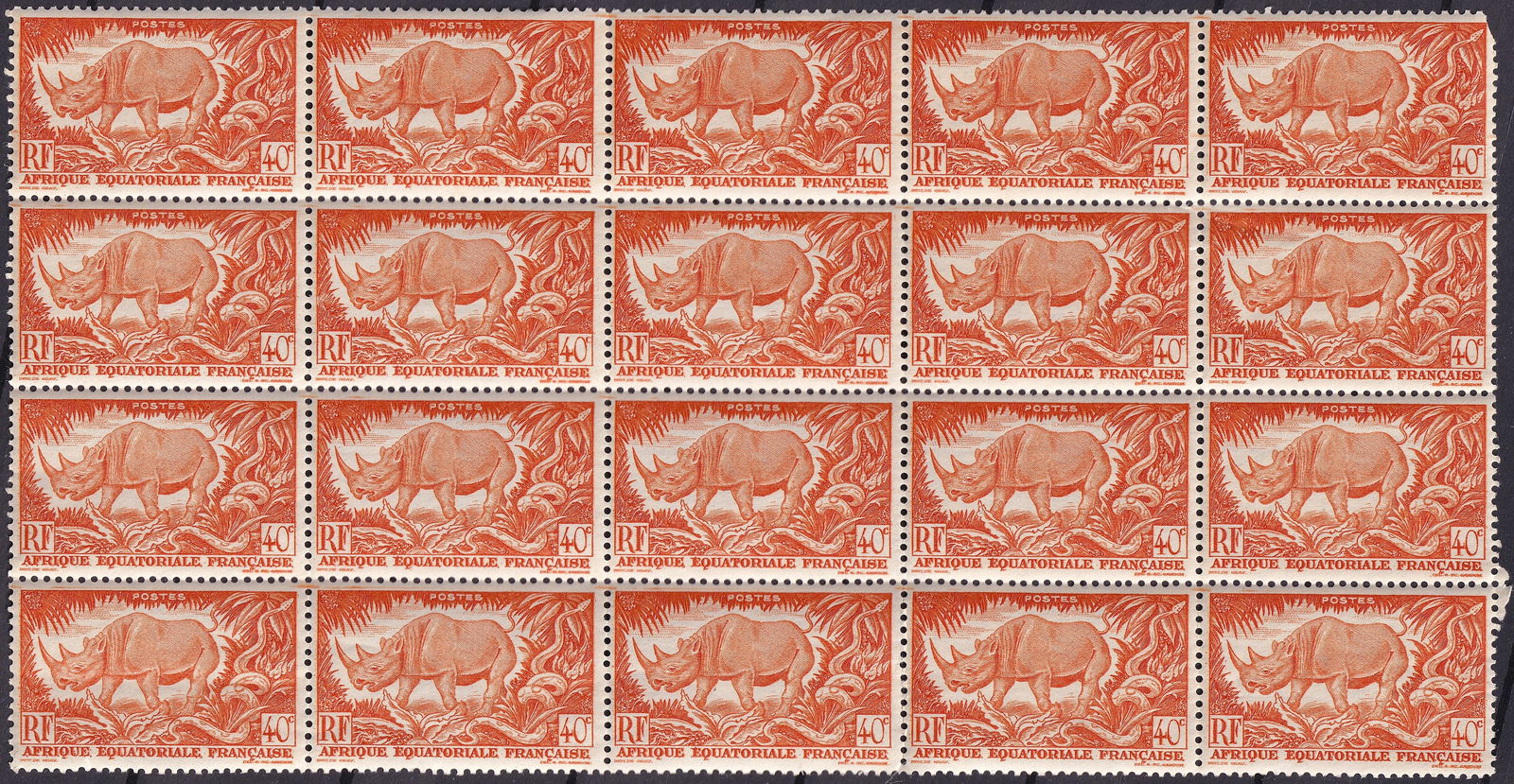 French Equatorial Africa 40c 1937 Scott 168 MNH Block: A mint never hinged multiple of the 40 centimes definitive issue of 1937 from French Equatorial Africa, catalogued as Scott 168, printed in reddish orange by recess printing on wove paper and perforat