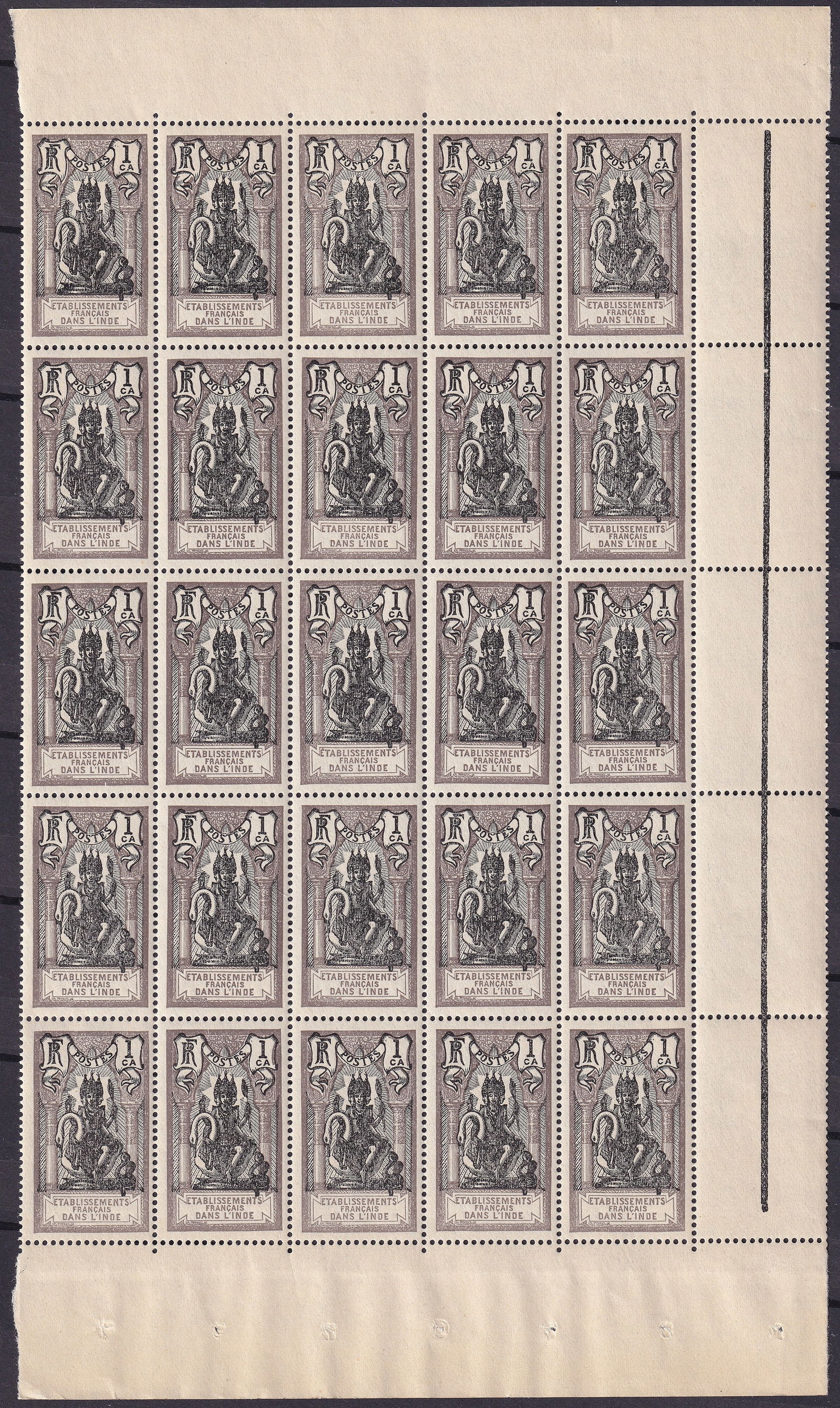 French India 1c 1906 Scott 25 MNH block Brahma: A mint never hinged block of the 1 centime definitive issue of 1906 from French India, catalogued as Scott 25 and corresponding to the early twentieth century colonial series inscribed Etablissements